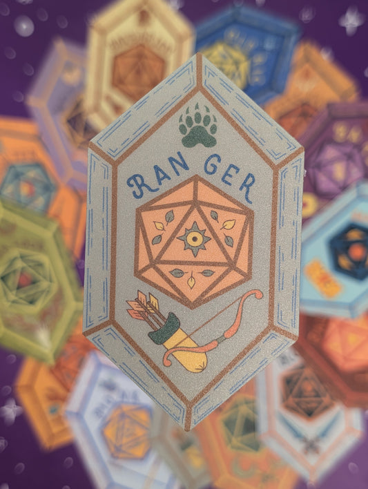 A centered illustrated hexagonal sticker reading "D20 RANGER" with a paw print, geometric emblem, and bow and arrow, surrounded by blurred multicolored polyhedral icons on a purple background.