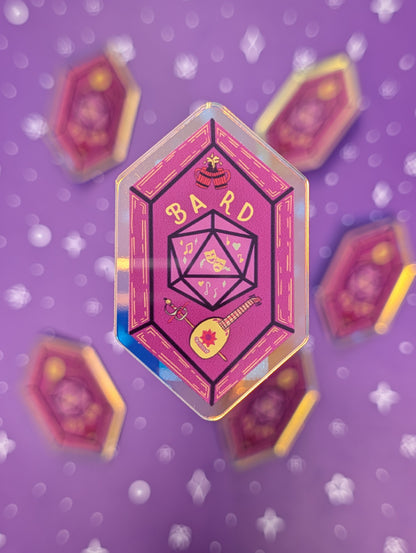 Hexagonal 'Bard' character class card with decorative elements on a purple background