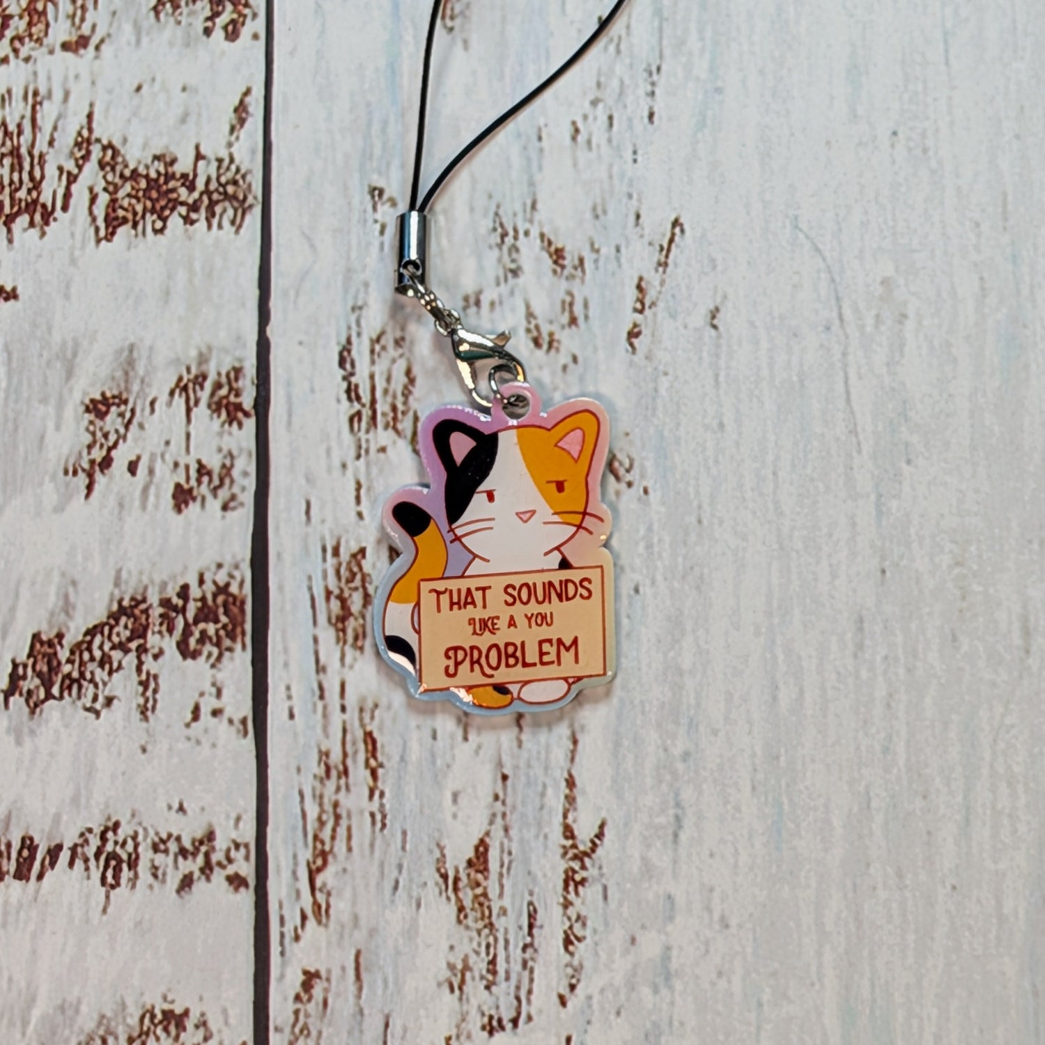 A small acrylic charm keychain featuring a cartoon cat with the text 'THAT SOUNDS WAY TOO PROBLEM', hanging from a black cord on a distressed white wooden surface.