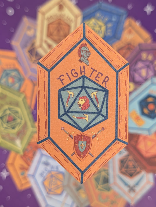 A stylized illustrated badge or emblem reading "FIGHTER" in an orange hexagon shape, centered over a purple background filled with blurred multicolored polyhedral dice illustrations.