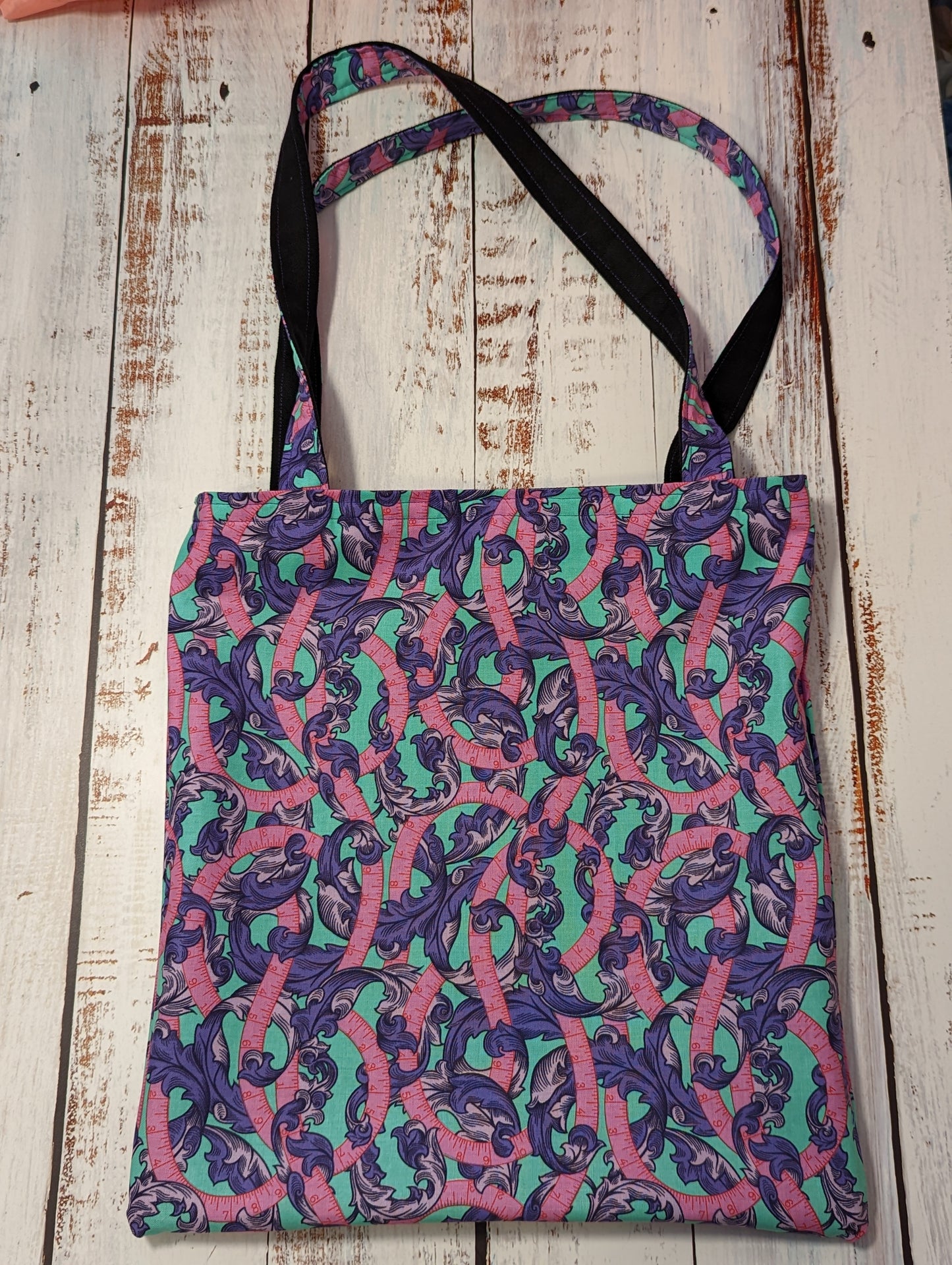 Purple and Pink Sewing Tape Square Pocket Tote Bag